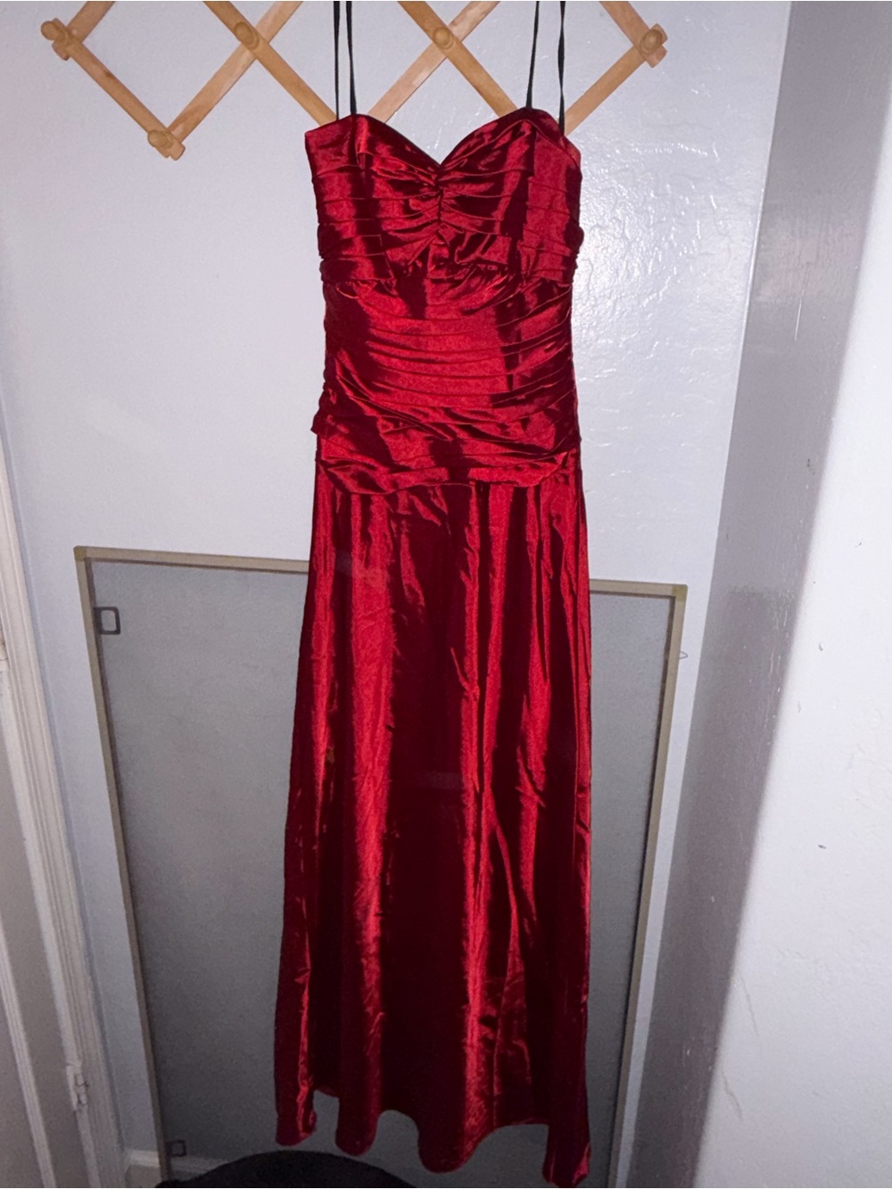 Red Satin Strapless Evening Gown